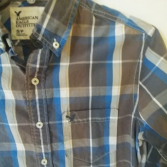 American Eagle Outfitters Brown/Blue Plaid Shirt Athletic Fit S - Picture 3 of 4
